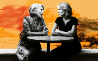 Two women sit across from each other at a round table, one animatedly talking while the other listens with arms crossed. The background is a vibrant mix of orange and yellow tones.