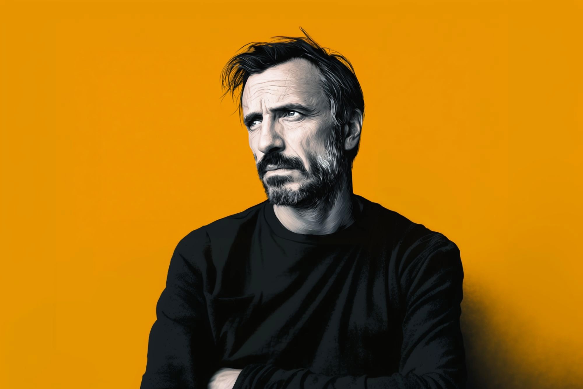 A man with short dark hair, a beard, and a serious expression is wearing a black shirt and standing against a solid orange background.