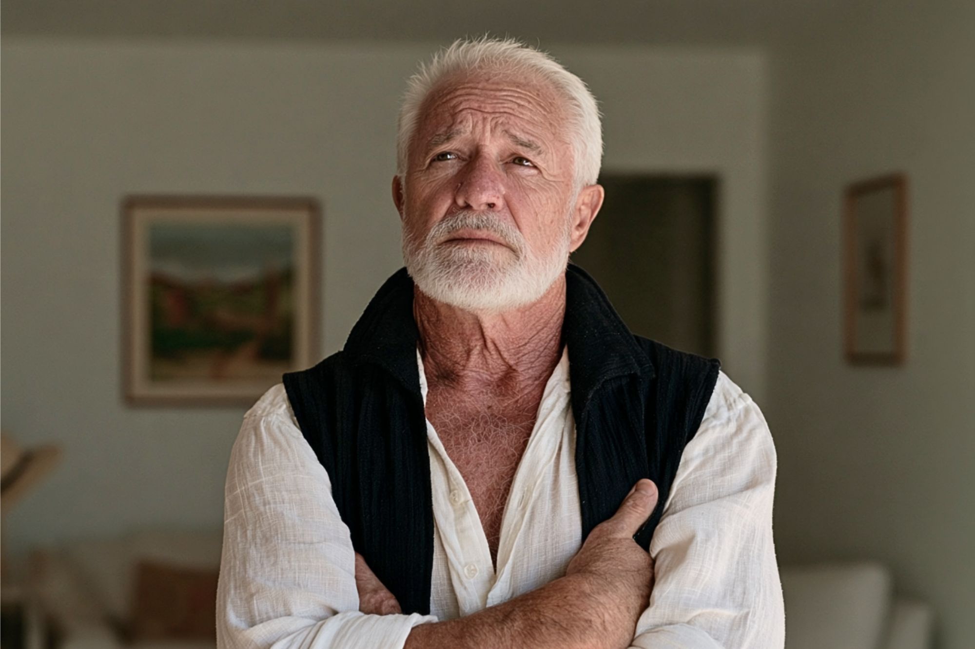 An elderly man with white hair and a beard stands indoors with arms crossed, wearing a white shirt and dark vest, looking thoughtfully upward. Paintings hang on the wall behind him.