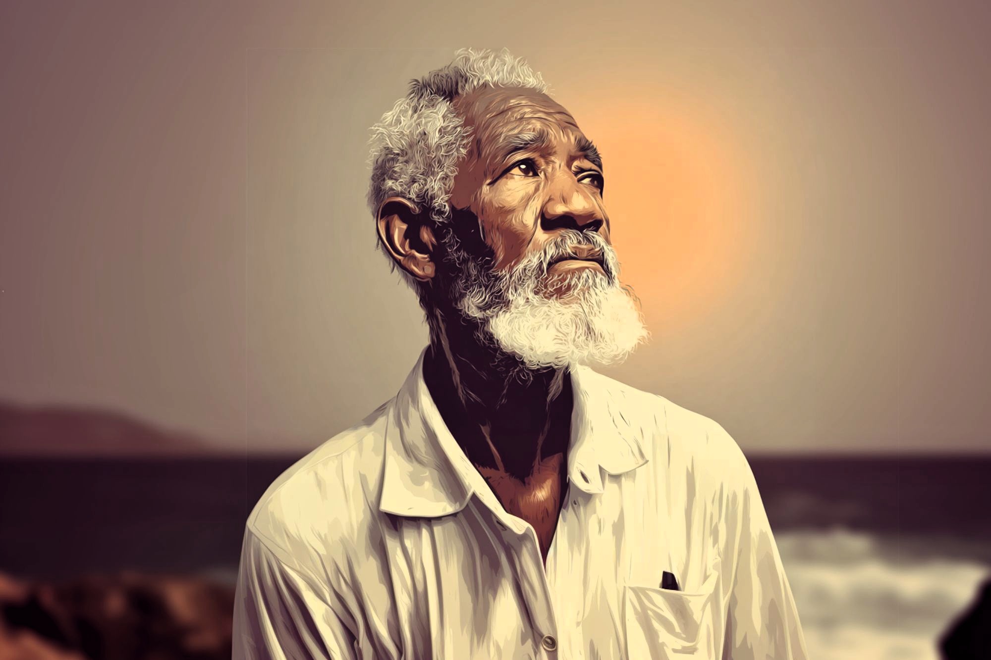 An older man with white hair and a beard gazes upward thoughtfully. He wears a white shirt and stands near the ocean, with waves and a warm, glowing sunset in the background.
