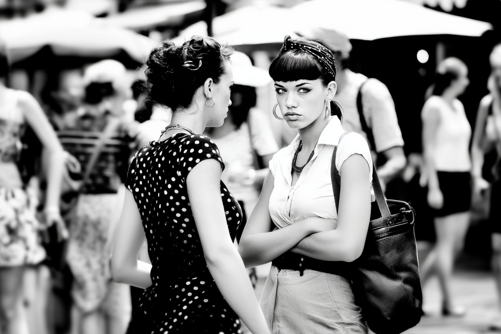 Two women stand close together in a busy outdoor setting. One faces the camera with arms crossed and a serious expression, while the other, seen from the side, appears to be talking. The background is blurred with people and umbrellas.