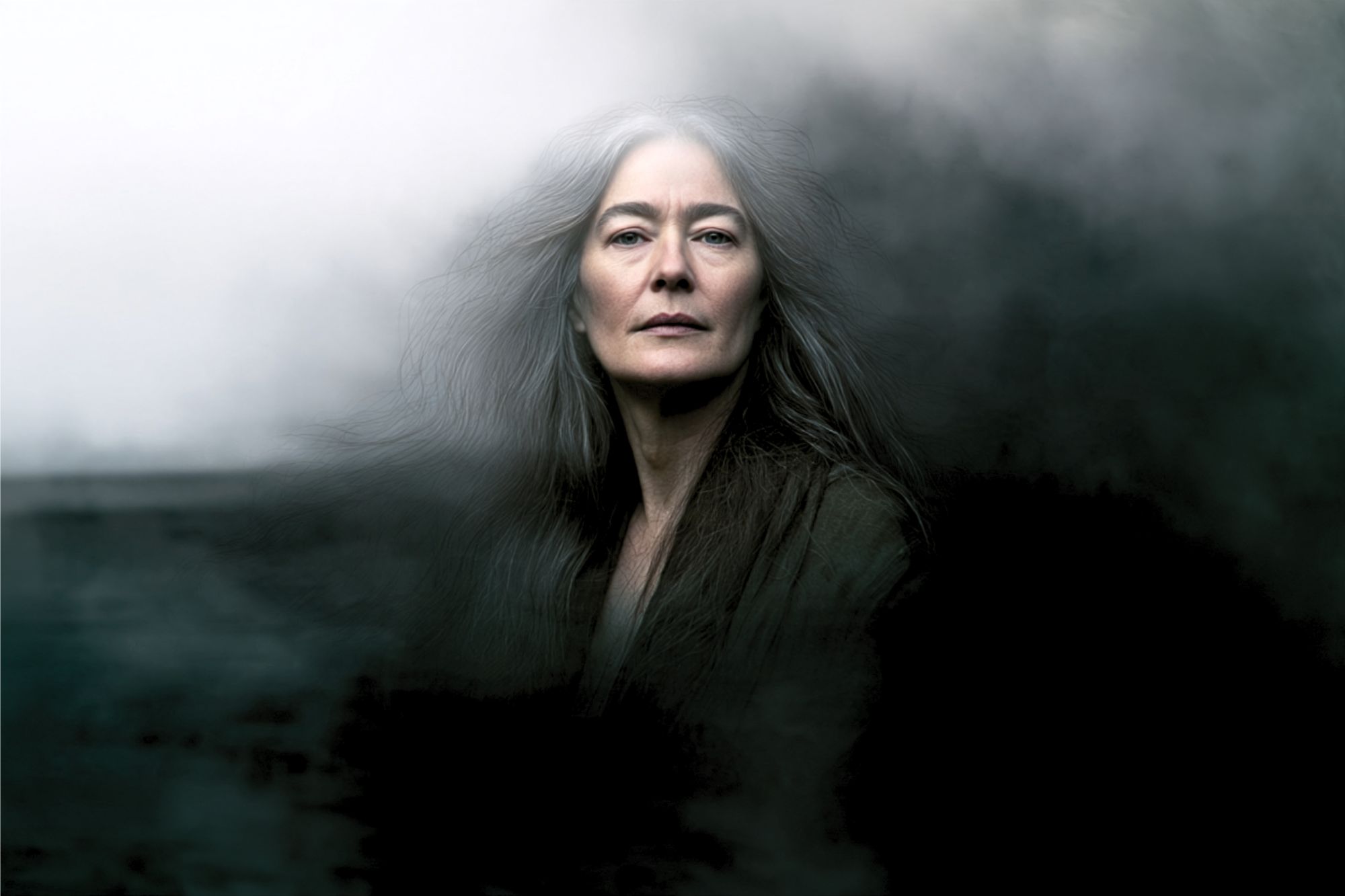 An older woman with long gray hair stands surrounded by swirling dark mist, looking directly at the camera with a calm, serious expression.