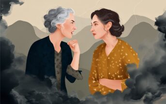 Two women stand surrounded by dark clouds; one has gray hair and is angrily gesturing, while the other, with dark hair, looks sad and resigned. Mountains and a neutral sky are in the background.
