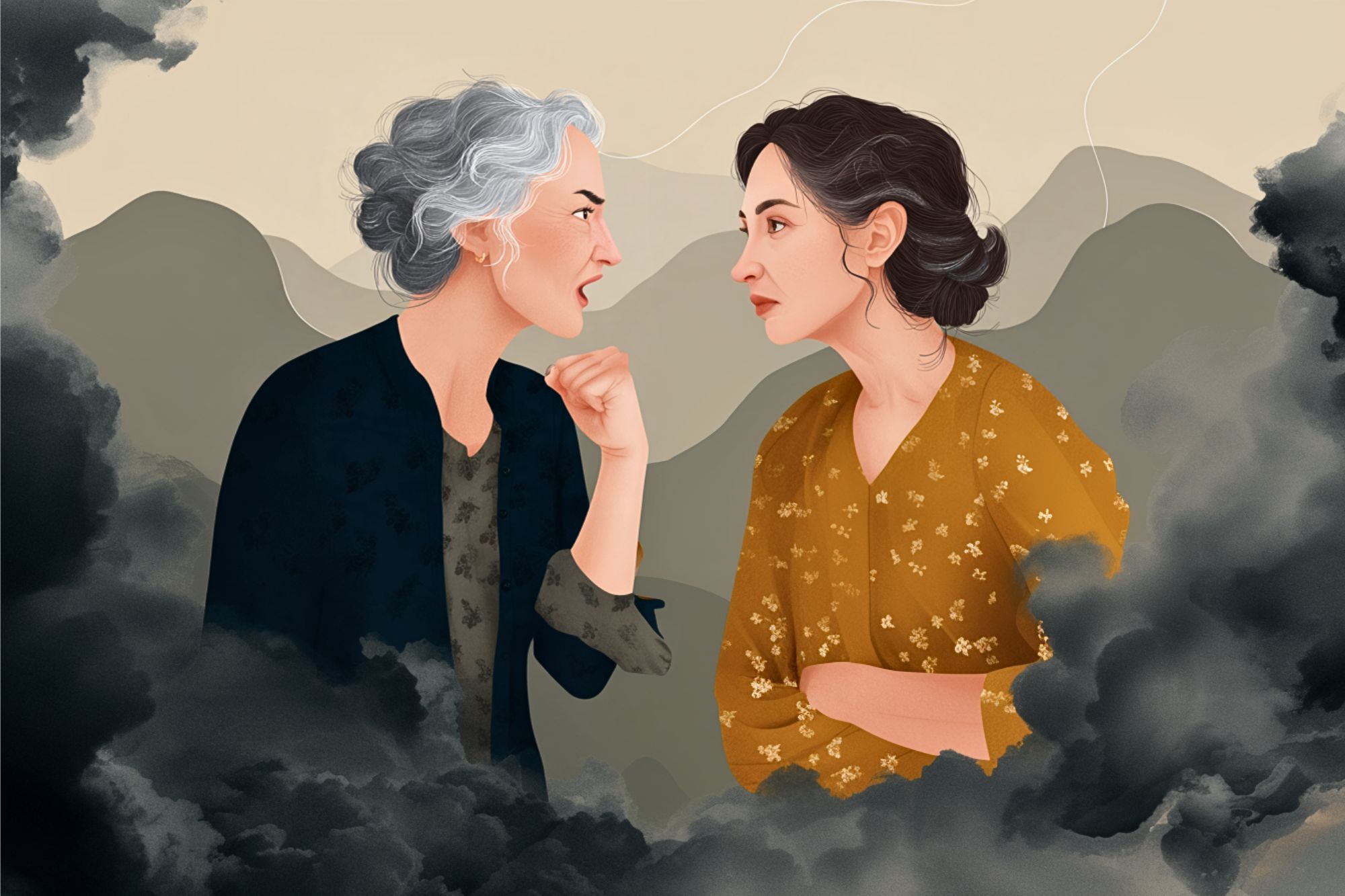 Two women stand surrounded by dark clouds; one has gray hair and is angrily gesturing, while the other, with dark hair, looks sad and resigned. Mountains and a neutral sky are in the background.
