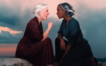 Two older women sit facing each other closely; one with gray hair is angrily shouting and raising a fist, while the other with short silver hair remains calm, staring back intently. The background shows a dramatic, cloudy sky.