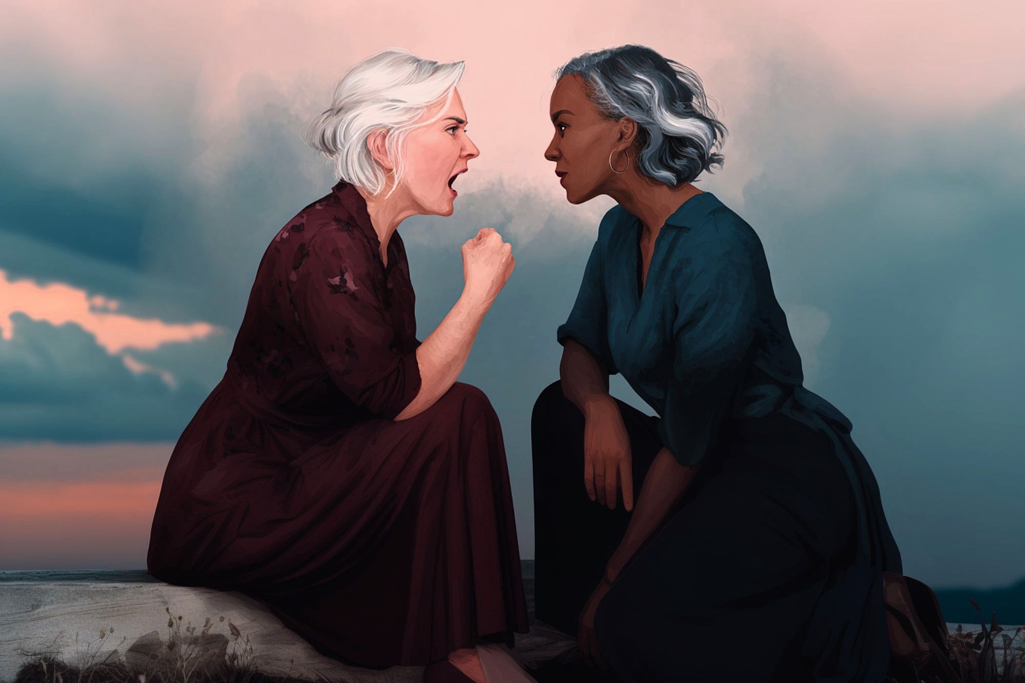 Two older women sit facing each other closely; one with gray hair is angrily shouting and raising a fist, while the other with short silver hair remains calm, staring back intently. The background shows a dramatic, cloudy sky.