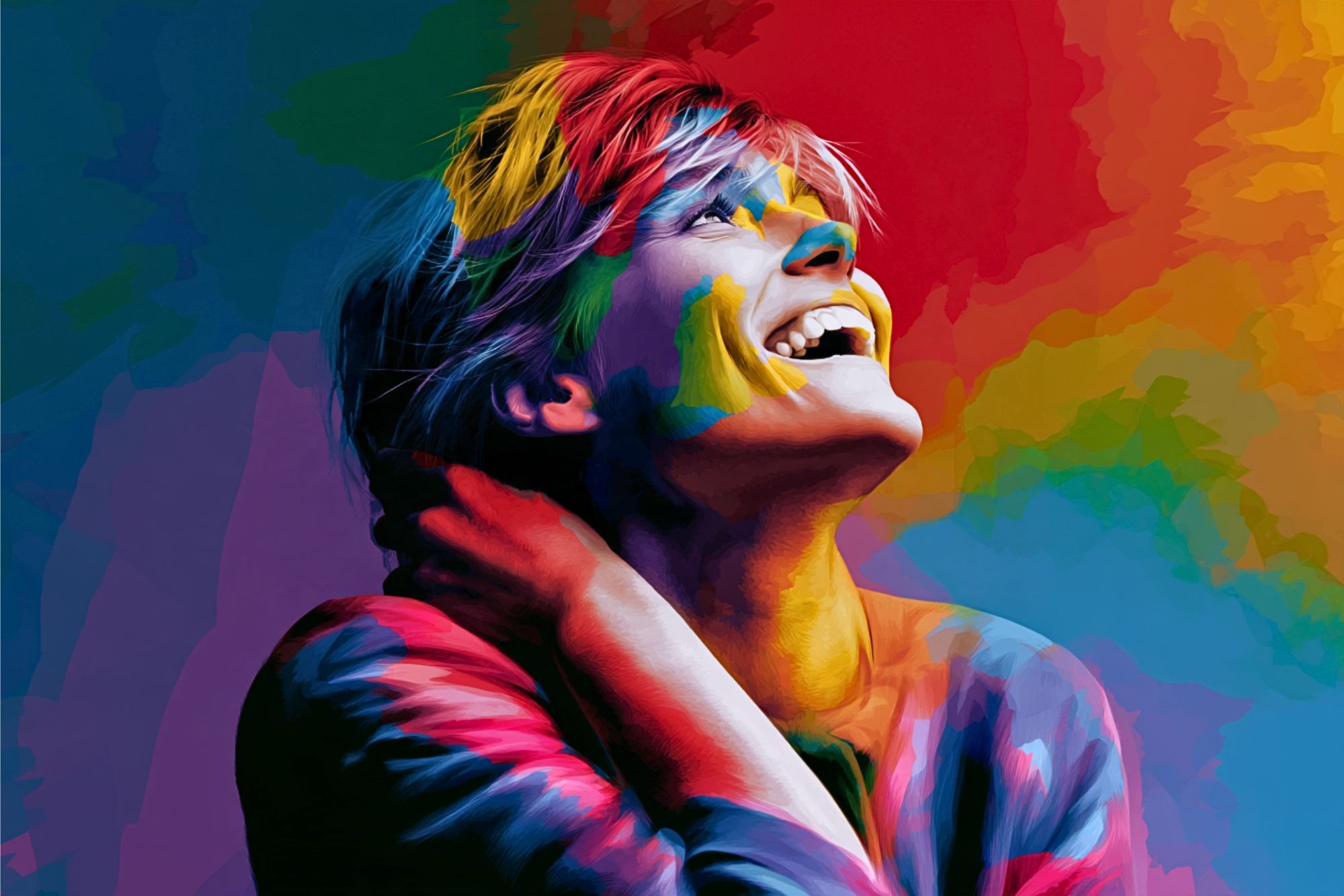 A person with short hair laughs joyfully, looking upward. The image uses vibrant, multicolored paint effects, blending shades of red, yellow, blue, and green across the background and the person’s face, hair, and clothing.