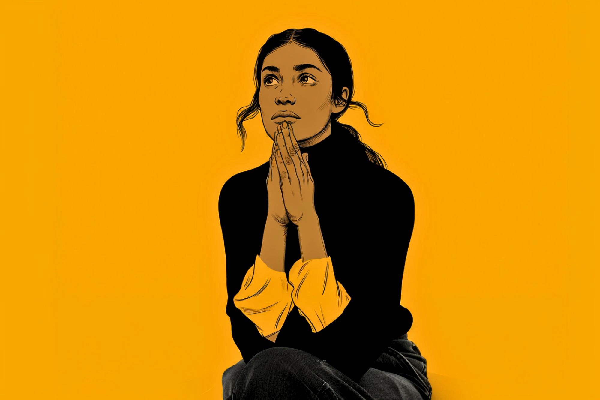 A thoughtful young woman with dark hair sits against a bright yellow background, hands pressed together near her face, gazing upward. She wears a black top with yellow cuffs and appears to be deep in contemplation.