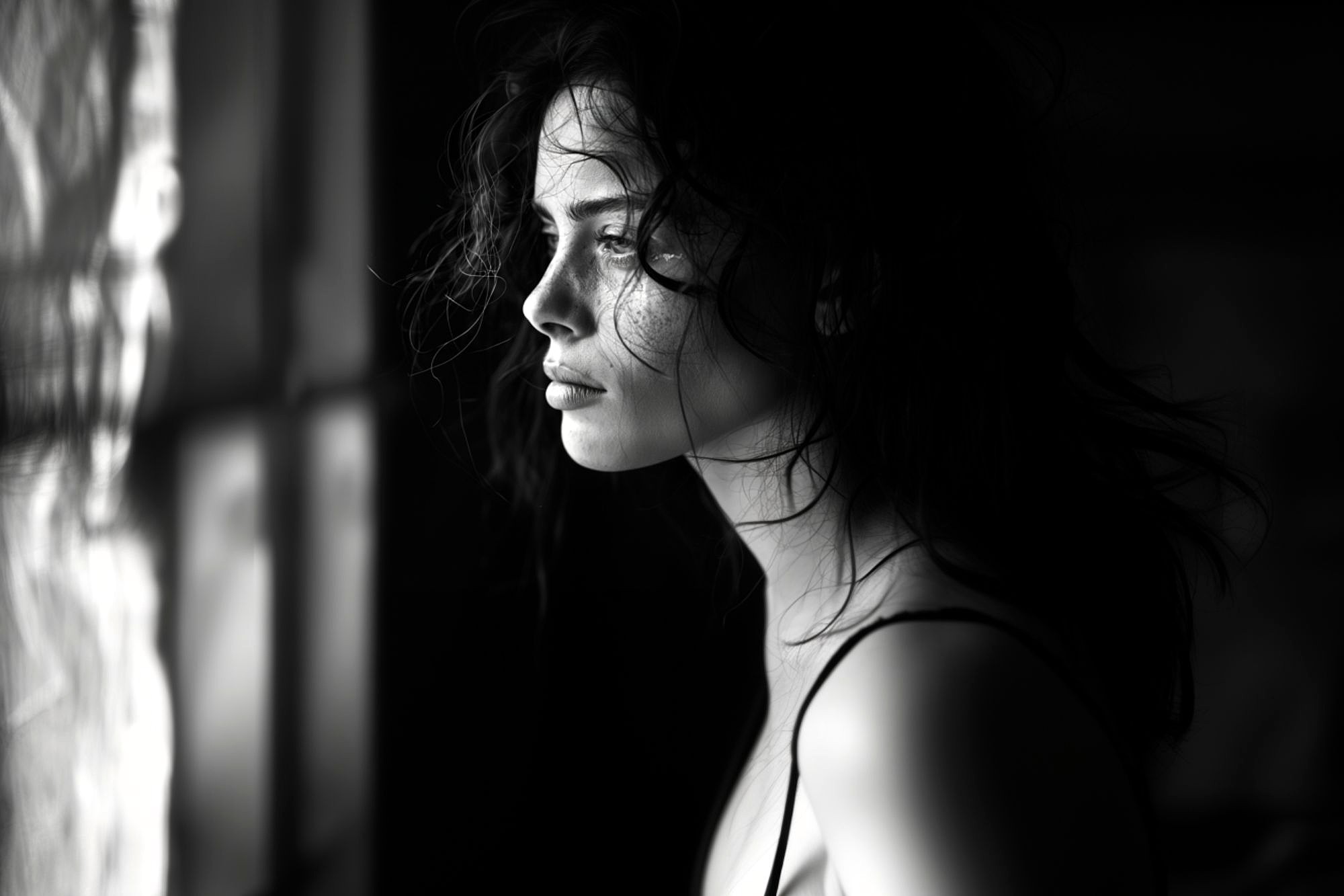 A woman with wavy hair gazes pensively out of a window, with dramatic light and shadow highlighting her face in a black and white setting.