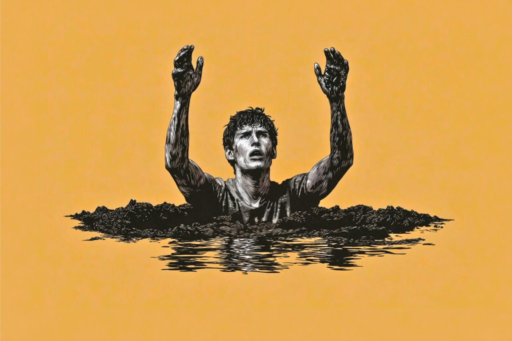 A person up to their chest in mud or dark liquid, with arms raised and hands covered, looking upward against a solid orange background.