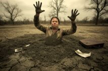 A man covered in mud is sinking up to his chest in a muddy pit, raising his muddy hands in the air. He is surrounded by cracked earth, leafless trees, a briefcase, and scattered papers.