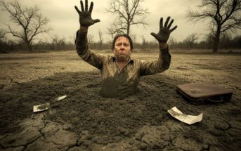 A man covered in mud is sinking up to his chest in a muddy pit, raising his muddy hands in the air. He is surrounded by cracked earth, leafless trees, a briefcase, and scattered papers.