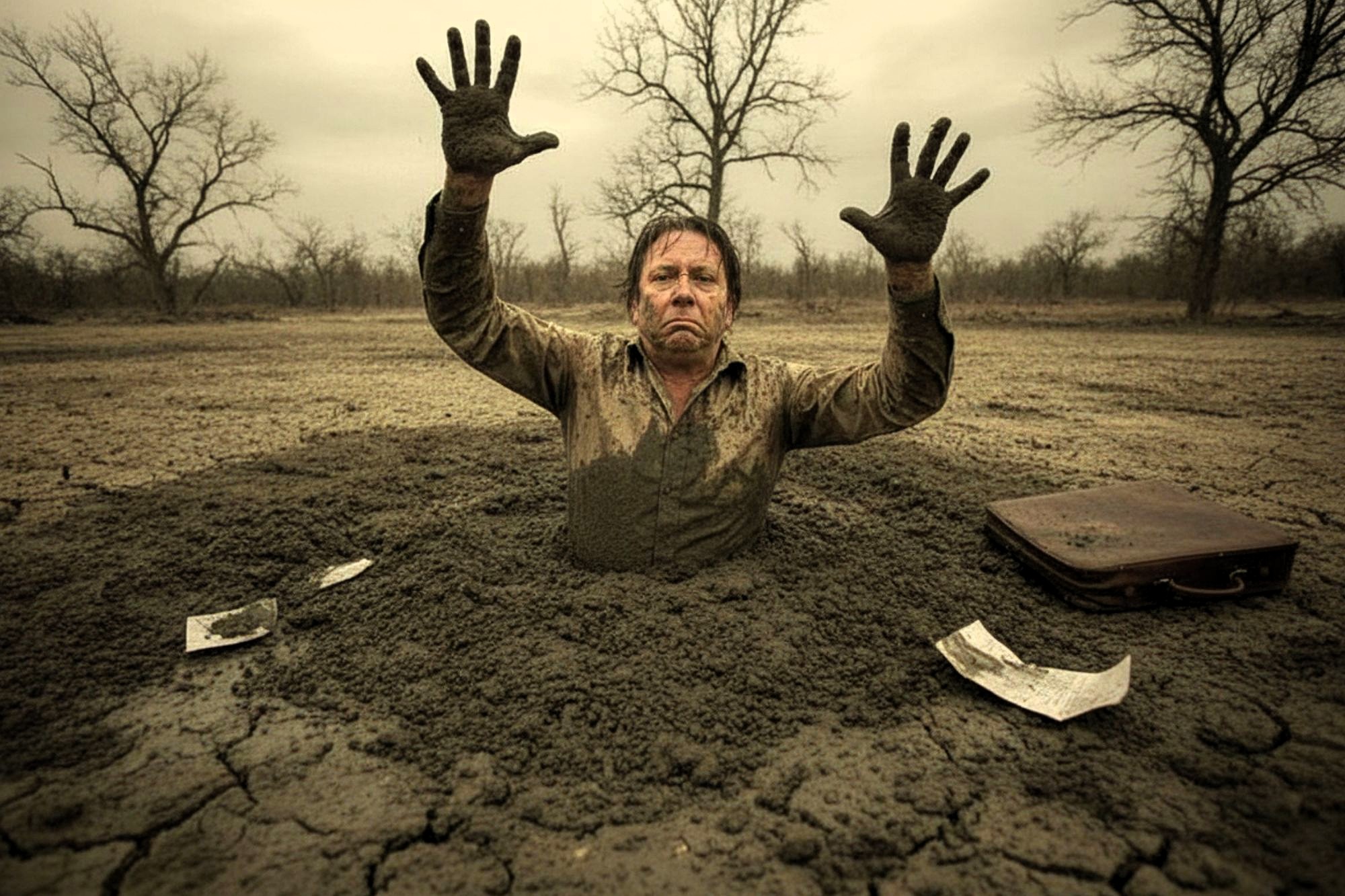 A man covered in mud is sinking up to his chest in a muddy pit, raising his muddy hands in the air. He is surrounded by cracked earth, leafless trees, a briefcase, and scattered papers.