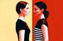 Two women stand face-to-face against a split yellow and red background. One wears a plain black top, the other a black-and-white striped dress. The image has a bold, high-contrast color style.