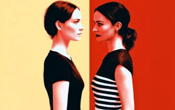 Two women stand face-to-face against a split yellow and red background. One wears a plain black top, the other a black-and-white striped dress. The image has a bold, high-contrast color style.