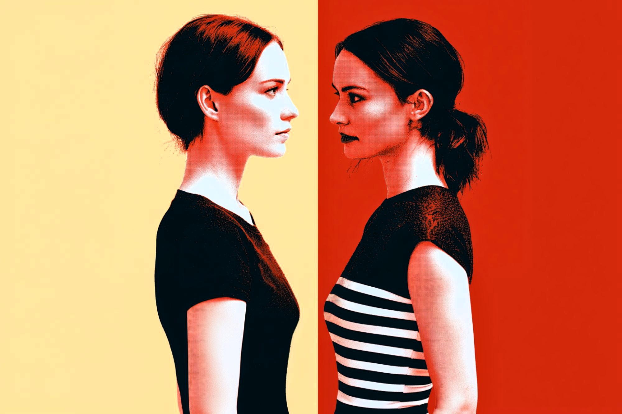 Two women stand face-to-face against a split yellow and red background. One wears a plain black top, the other a black-and-white striped dress. The image has a bold, high-contrast color style.