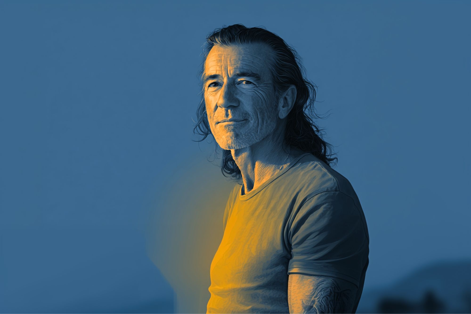 A middle-aged man with long hair and a beard stands outdoors, looking at the camera. The image has a blue and yellow tonal effect, with soft lighting highlighting his face and chest.