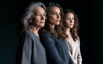 Three women of different ages—an elderly woman, a middle-aged woman, and a young woman—stand in a row against a dark background, gazing thoughtfully into the distance.