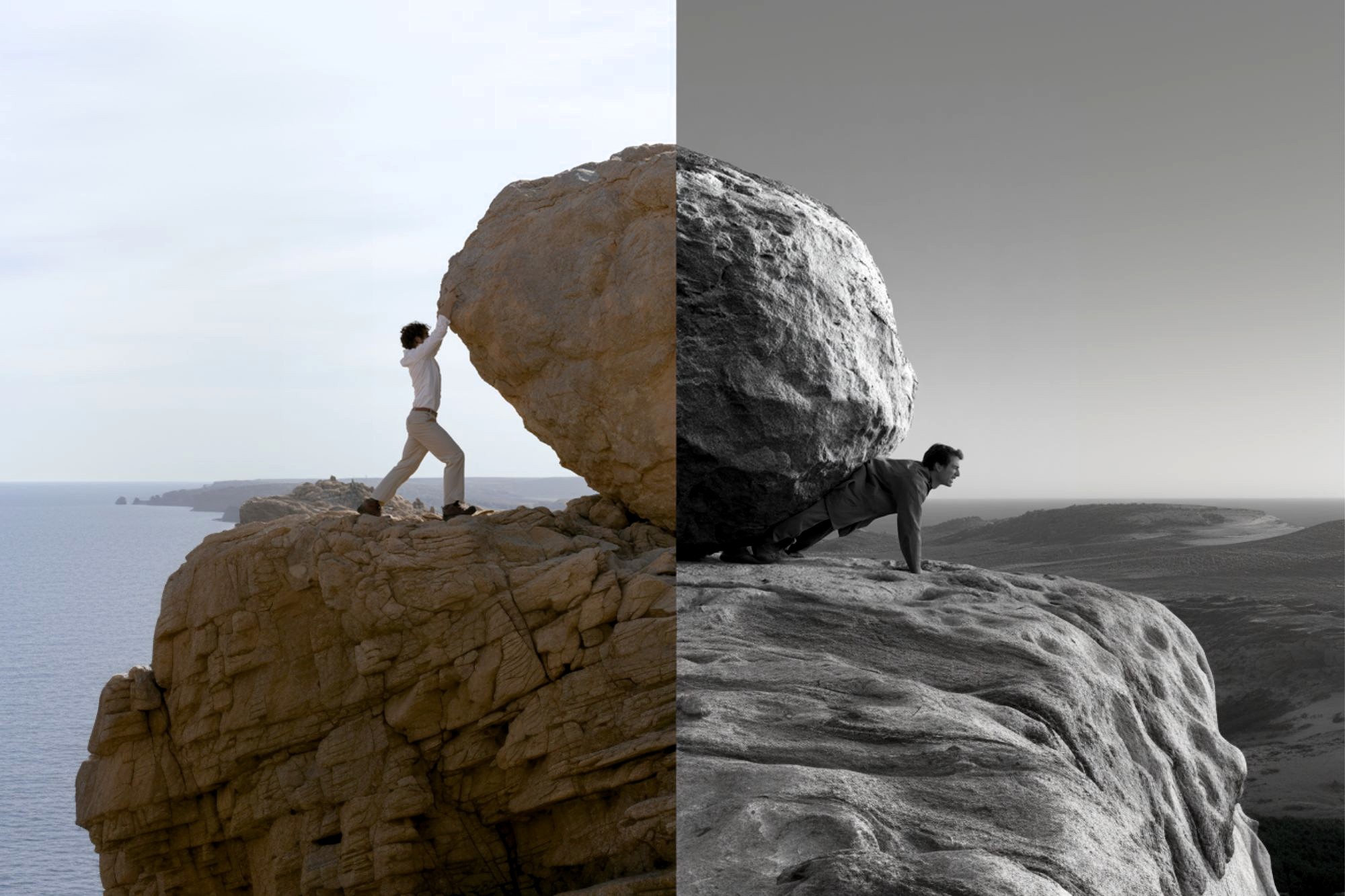 A person pushes a large boulder up a cliff, with the left half of the image in color and the right half in black and white, highlighting the dramatic landscape and effort.