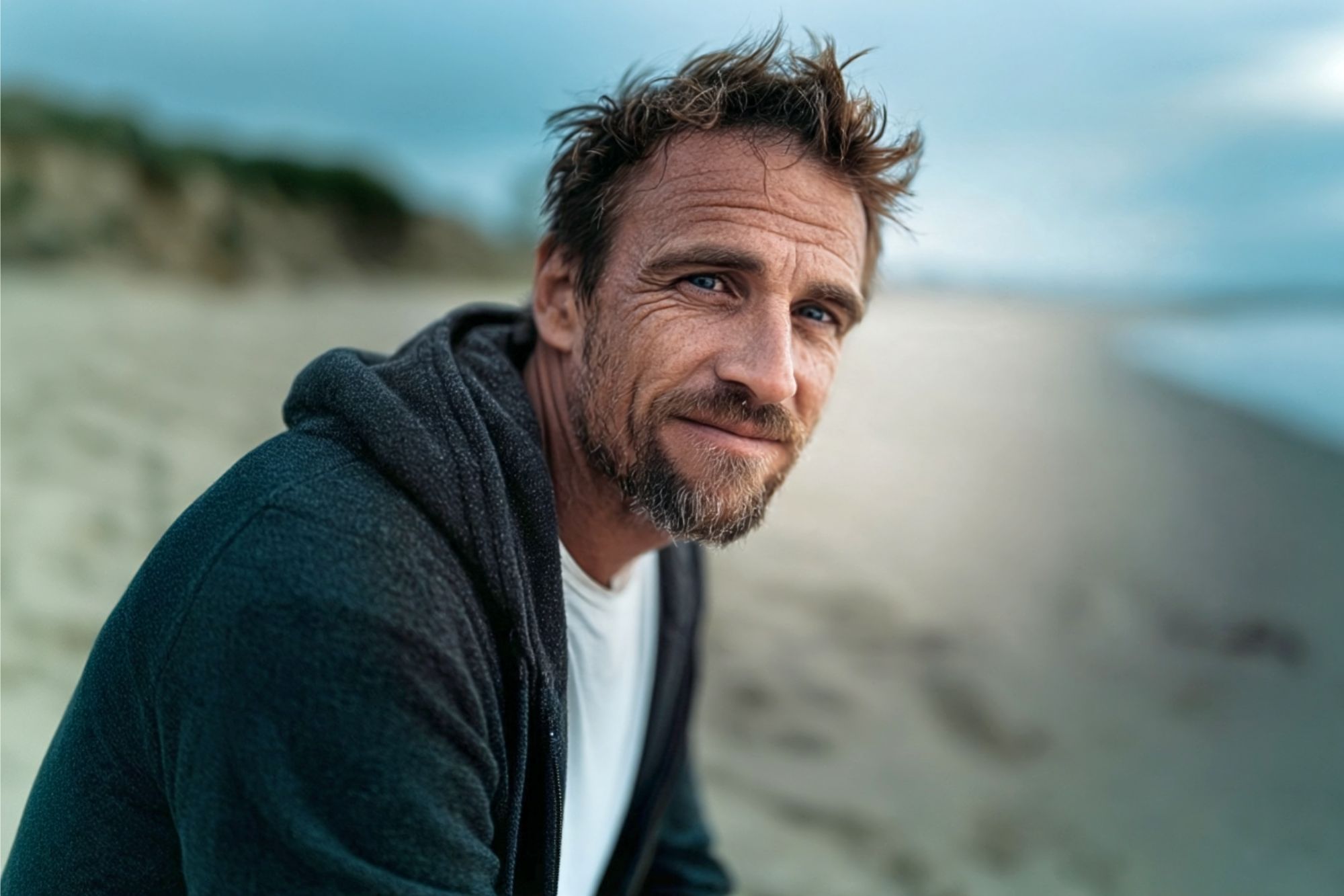 A man with tousled hair and a beard sits on a sandy beach, wearing a dark hoodie over a white shirt, looking at the camera with a soft smile. The background is blurred, showing sand and distant greenery.