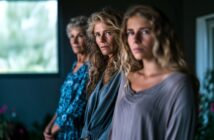Three women of different ages with long, wavy blonde hair stand indoors in a row, gazing seriously at the camera. The background is blurred, highlighting their faces and expressions.