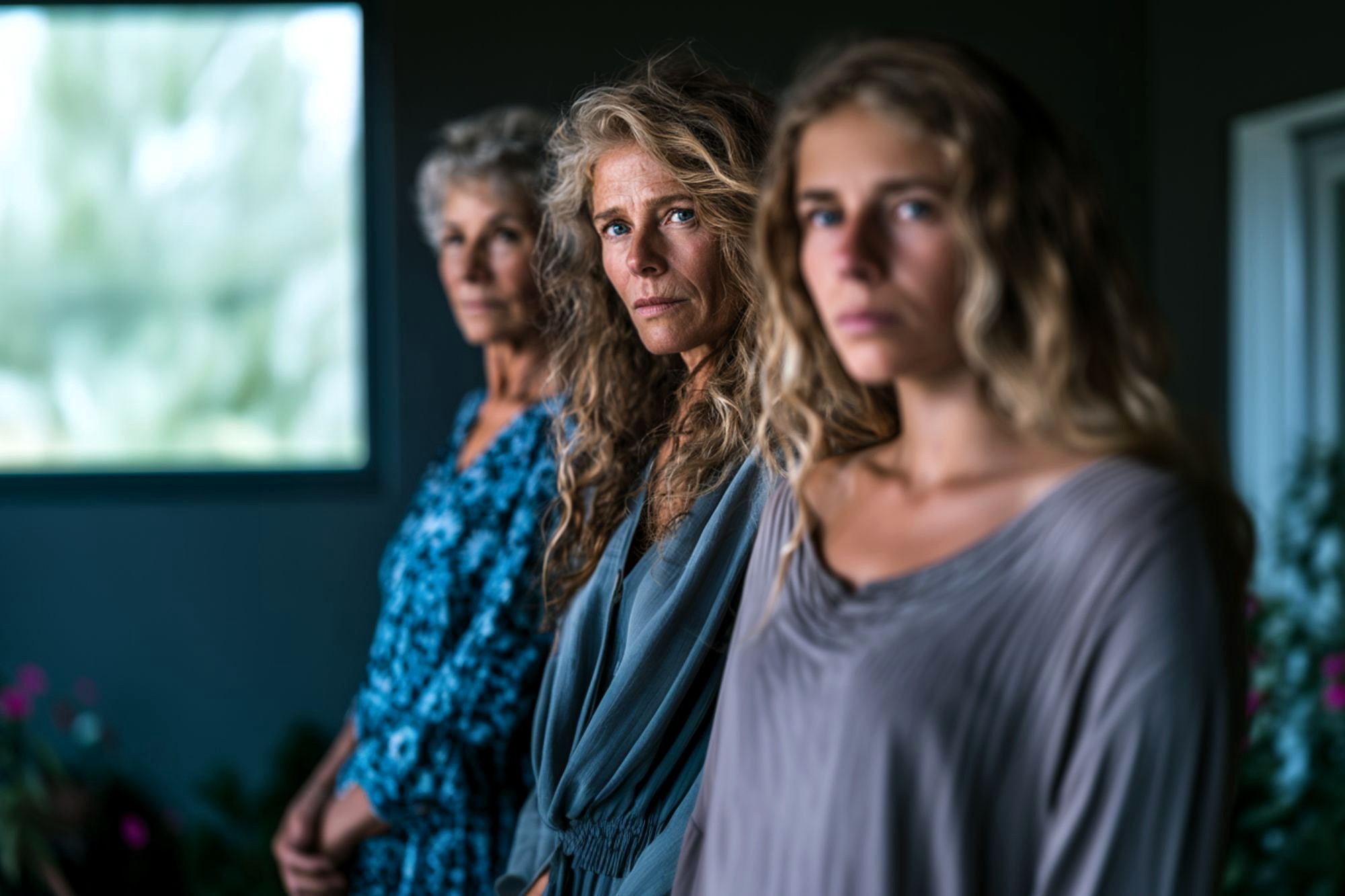Three women of different ages with long, wavy blonde hair stand indoors in a row, gazing seriously at the camera. The background is blurred, highlighting their faces and expressions.