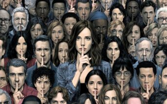 A large, diverse group of people stands close together, all holding a finger to their lips in a gesture indicating silence or secrecy. The mood is serious and focused, with everyone facing forward.