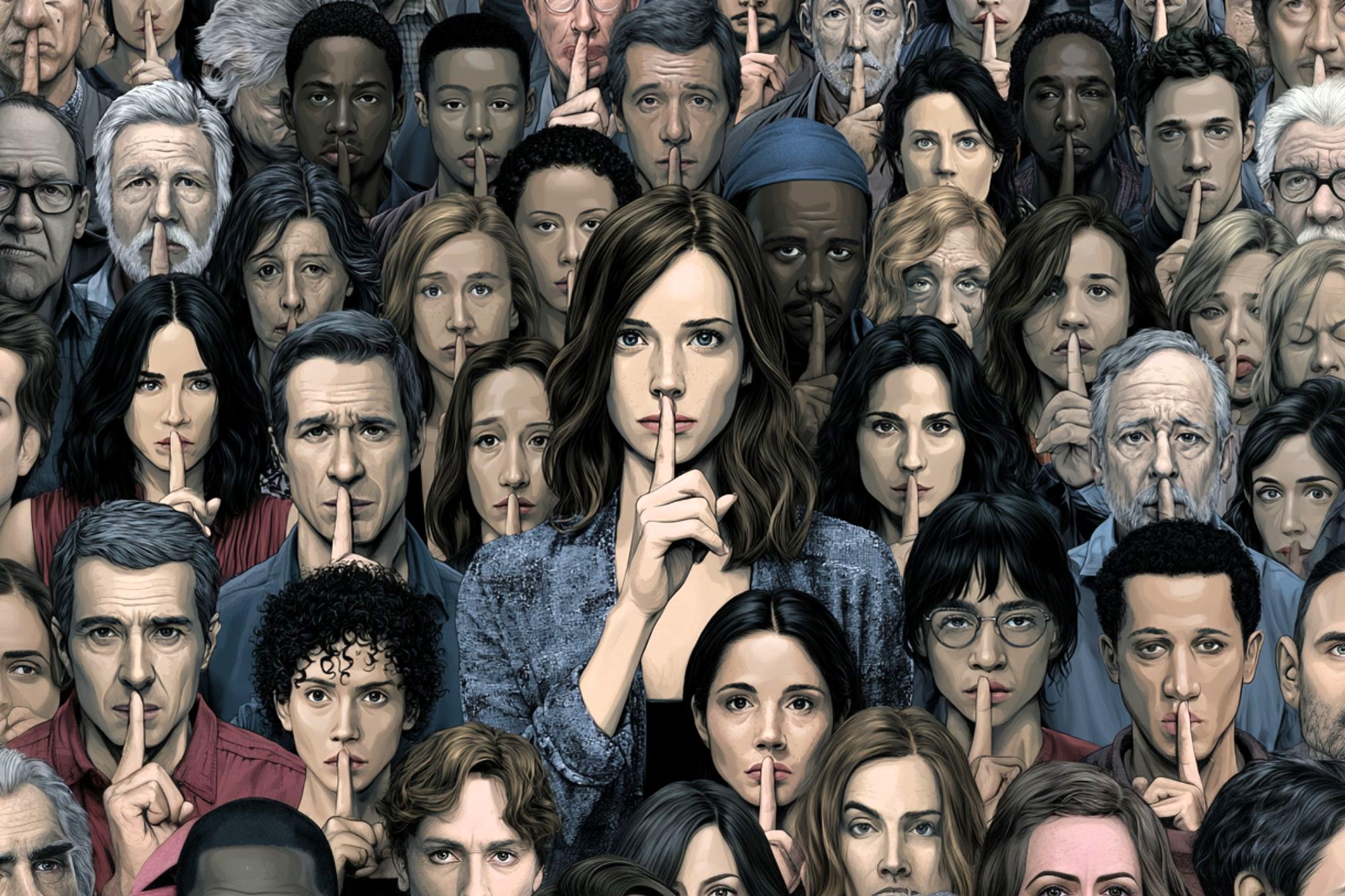 A large, diverse group of people stands close together, all holding a finger to their lips in a gesture indicating silence or secrecy. The mood is serious and focused, with everyone facing forward.