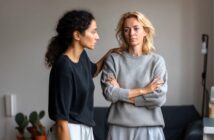 Two women indoors having a serious conversation; one has her arm gently on the other's shoulder while the other stands with arms crossed, looking concerned. There are potted plants and a couch in the background.