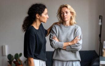 Two women indoors having a serious conversation; one has her arm gently on the other's shoulder while the other stands with arms crossed, looking concerned. There are potted plants and a couch in the background.