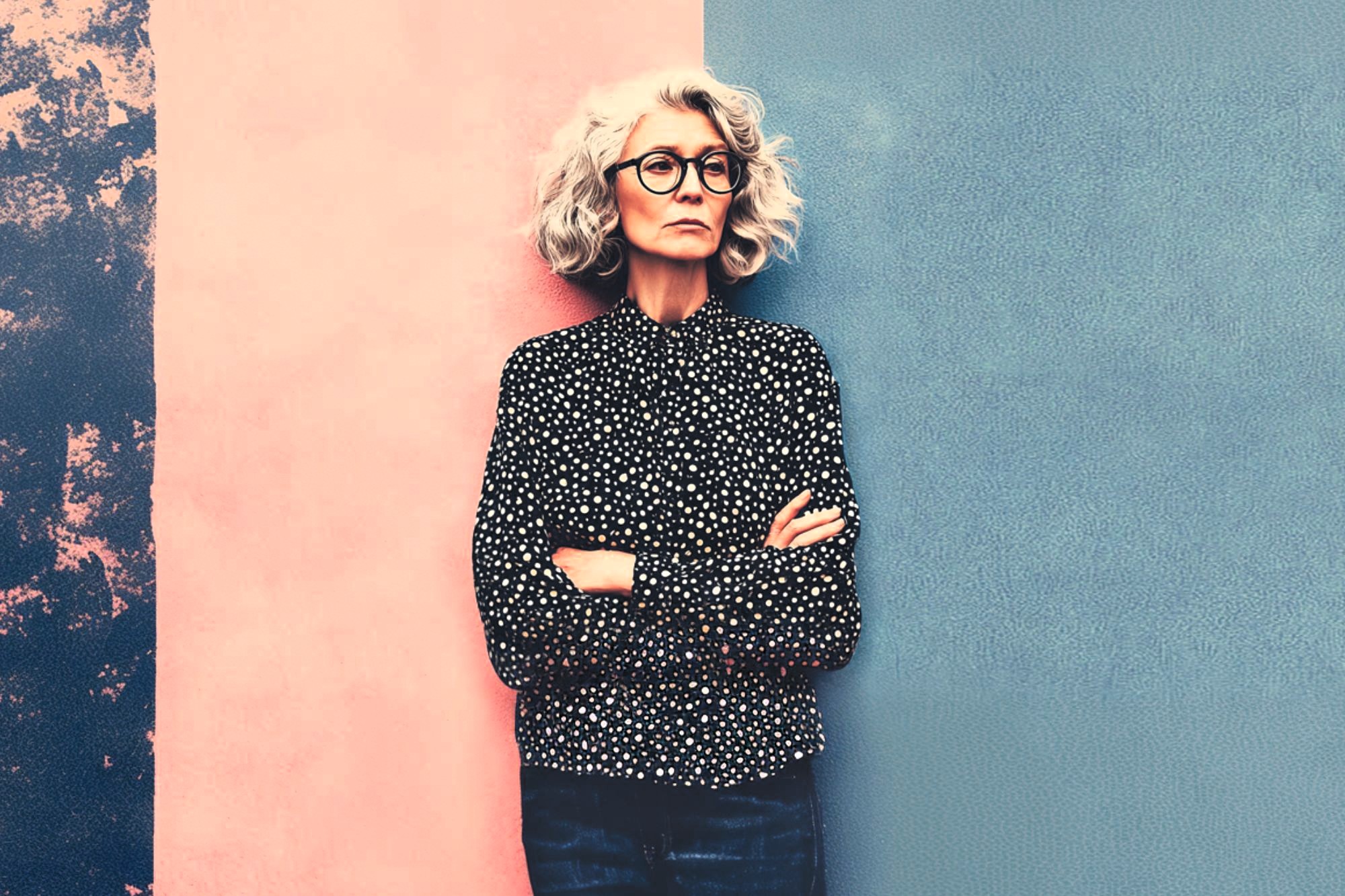An older woman with curly gray hair, glasses, and a black polka dot shirt stands with arms crossed against a split pink and blue textured background.
