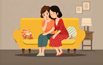 Two women sit on a yellow couch in a living room. One woman comforts the other, who looks sad and worried. There are colorful pillows, a side table with a lamp, and framed pictures on the wall.