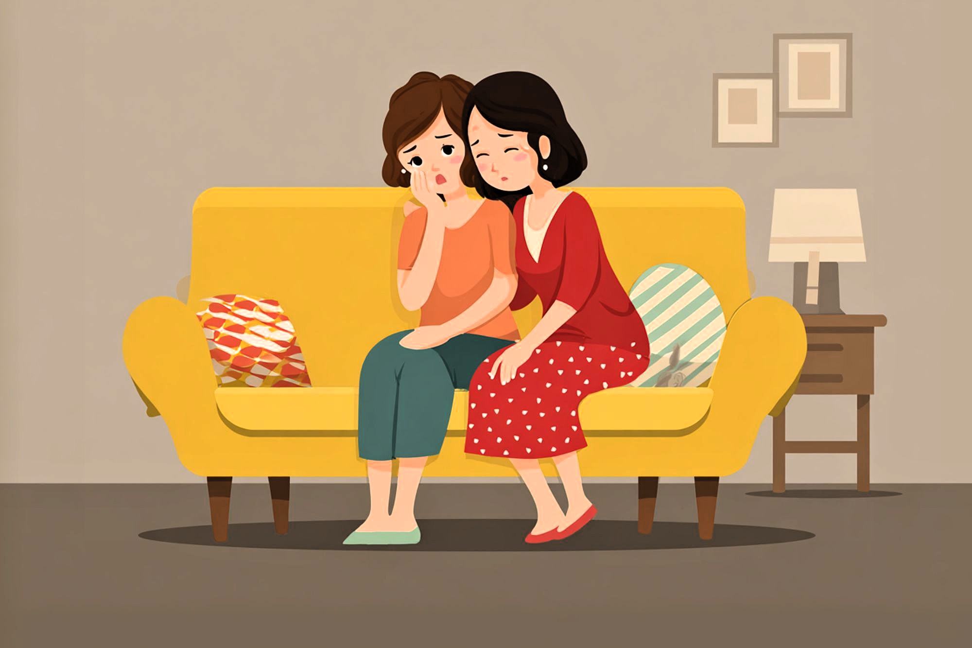 Two women sit on a yellow couch in a living room. One woman comforts the other, who looks sad and worried. There are colorful pillows, a side table with a lamp, and framed pictures on the wall.