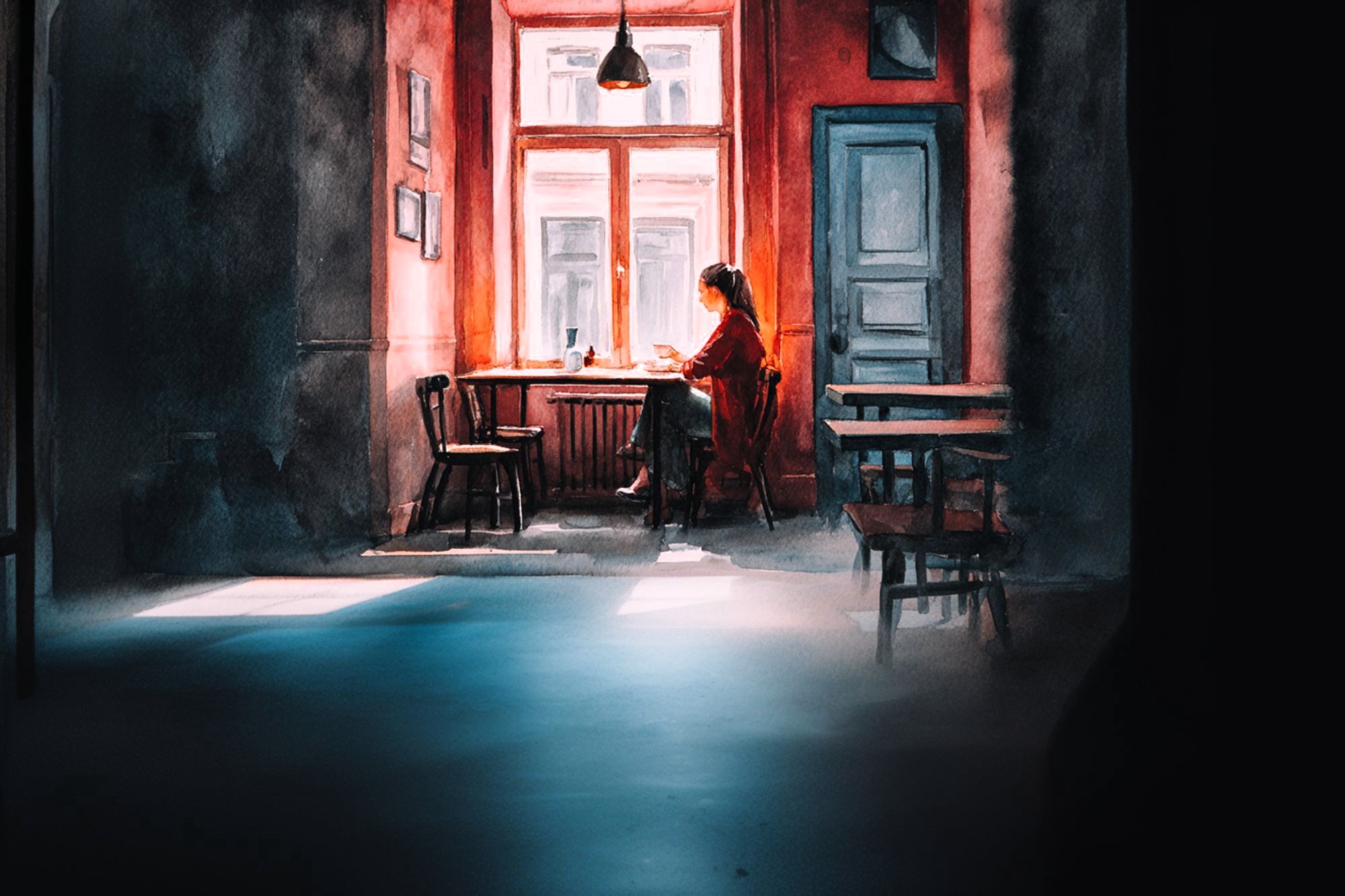 A person sits alone at a table by a sunlit window in a cozy, dimly lit café, working or reading, with empty chairs and tables around them and warm light casting long shadows on the floor.