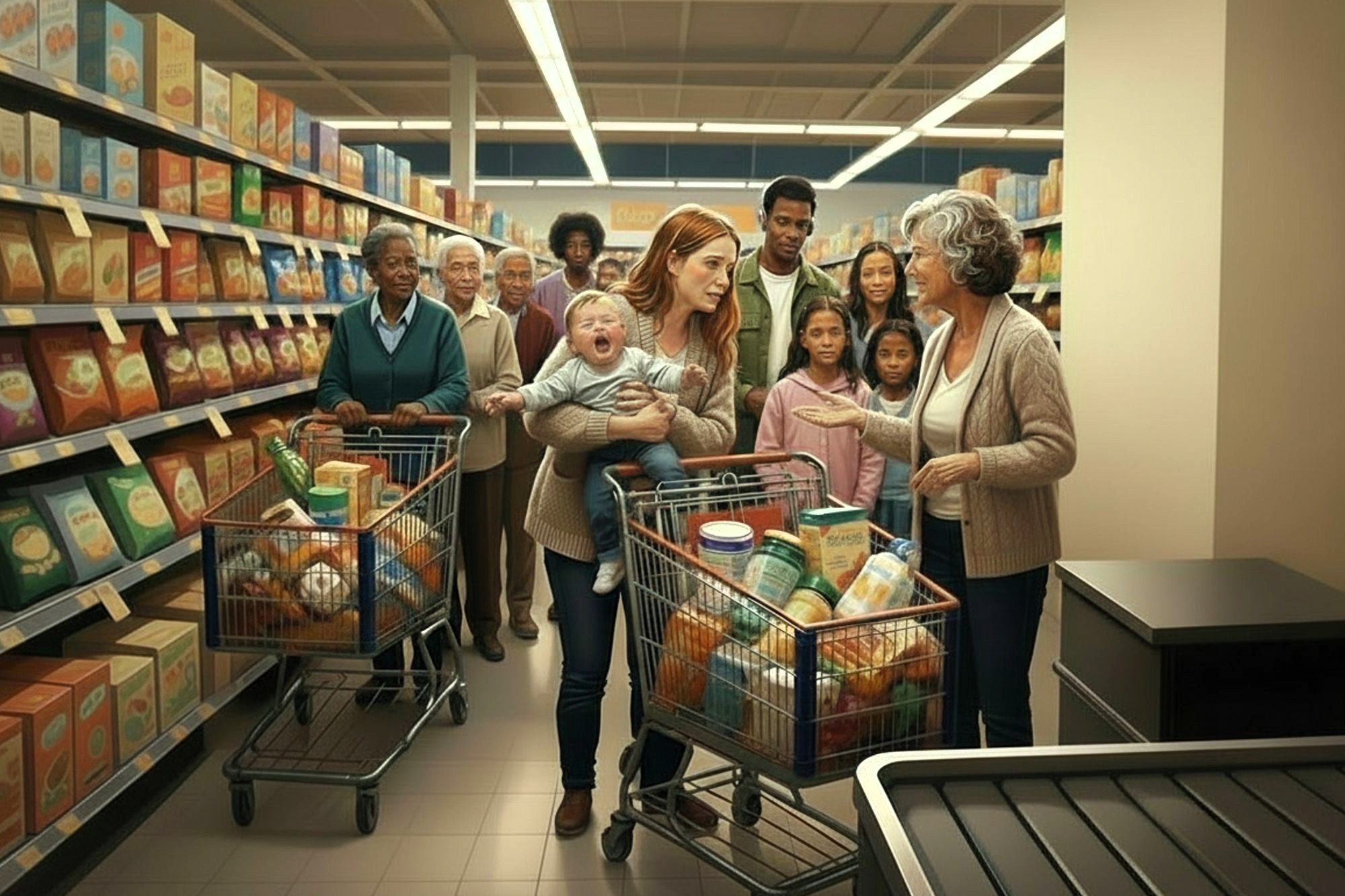 A diverse group of people waits in line at a grocery store. A woman comforts a crying toddler in a shopping cart, while talking with an older woman. Shelves filled with food boxes are visible in the background.