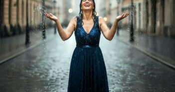 A woman in a sleeveless blue dress stands on a cobblestone street, smiling joyfully with arms raised, as rain pours down around her.