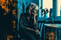 An older woman sits pensively at a table near a window, resting her chin on her hand. The image has a blue and orange artistic filter, creating a moody and contemplative atmosphere.