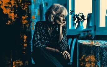 An older woman sits pensively at a table near a window, resting her chin on her hand. The image has a blue and orange artistic filter, creating a moody and contemplative atmosphere.