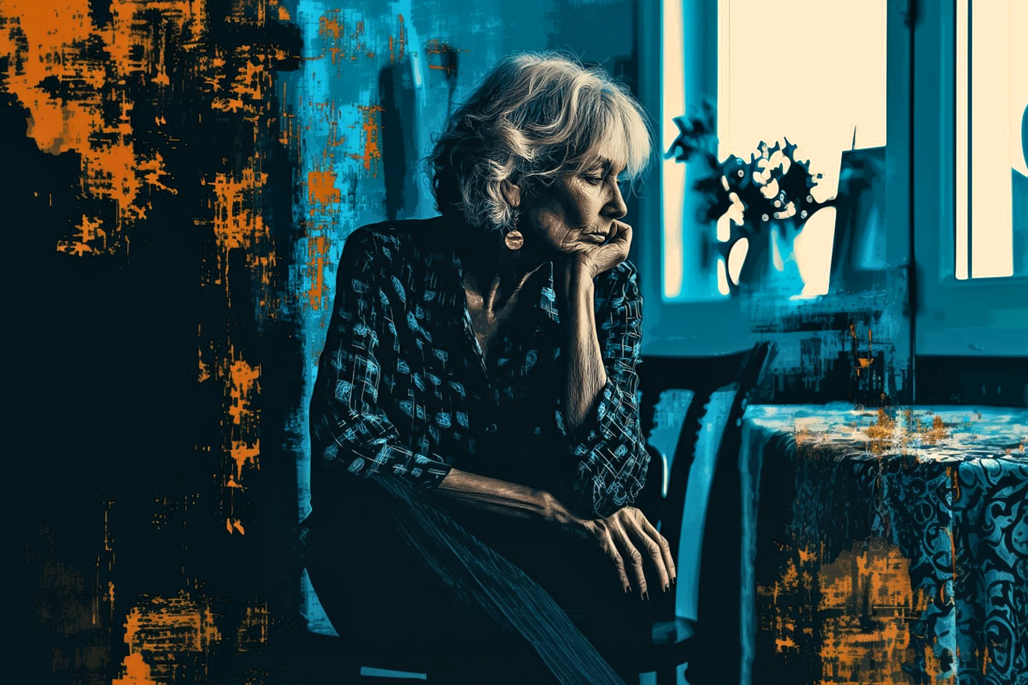 An older woman sits pensively at a table near a window, resting her chin on her hand. The image has a blue and orange artistic filter, creating a moody and contemplative atmosphere.