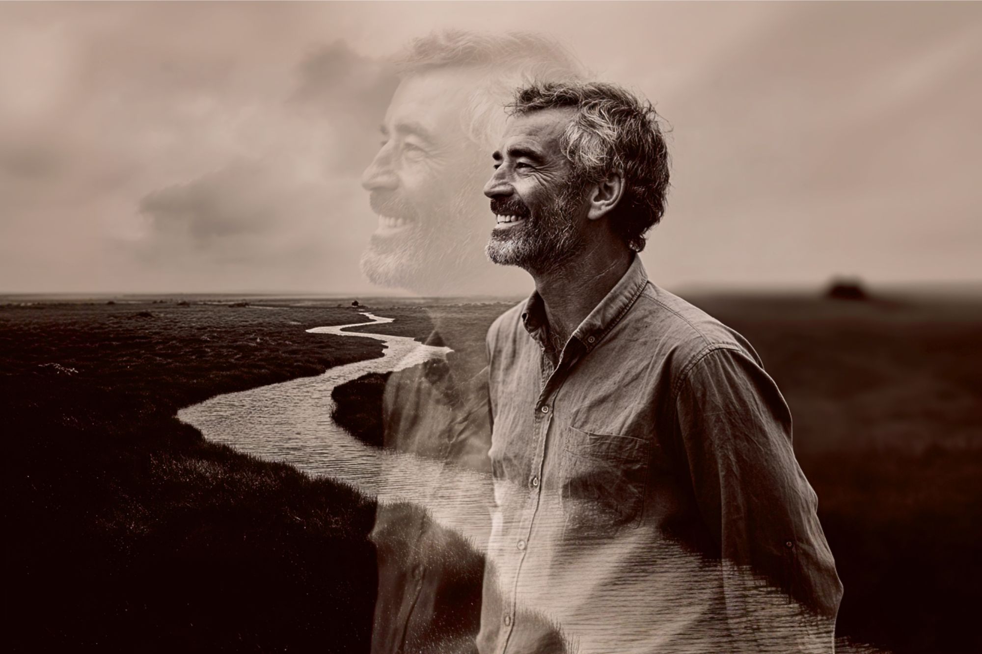 A smiling man stands in a field near a winding river, with a transparent, larger image of himself in the background, creating a dreamy, reflective atmosphere. The image is in sepia tones.