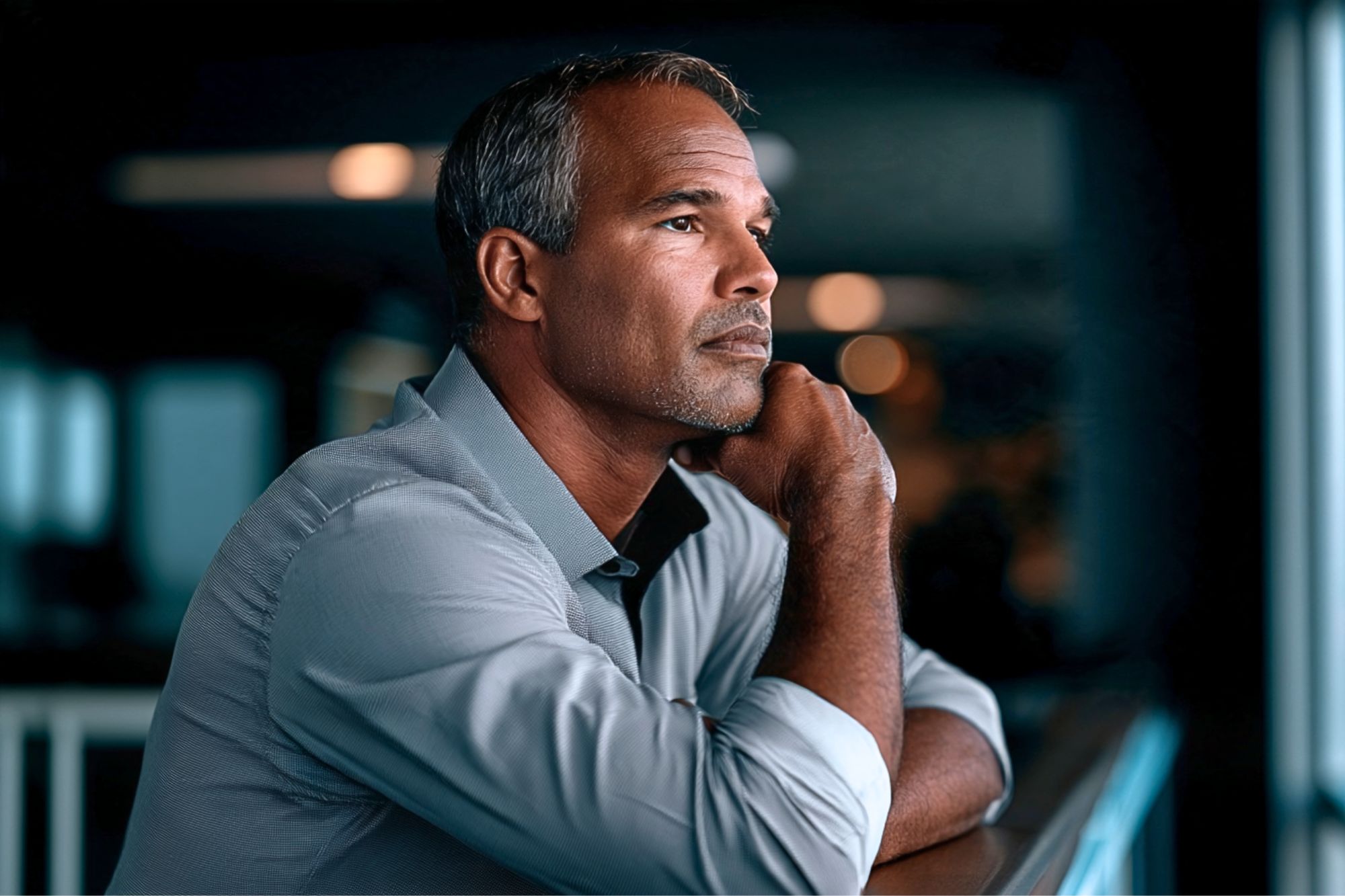 A man with short gray hair and a light blue shirt rests his chin on his hand, gazing thoughtfully into the distance in a softly lit indoor setting.