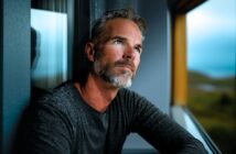 A middle-aged man with gray hair and a beard sits by a window, looking thoughtfully into the distance. He wears a dark sweater, and soft daylight illuminates his face, creating a calm and reflective mood.