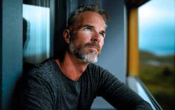 A middle-aged man with gray hair and a beard sits by a window, looking thoughtfully into the distance. He wears a dark sweater, and soft daylight illuminates his face, creating a calm and reflective mood.