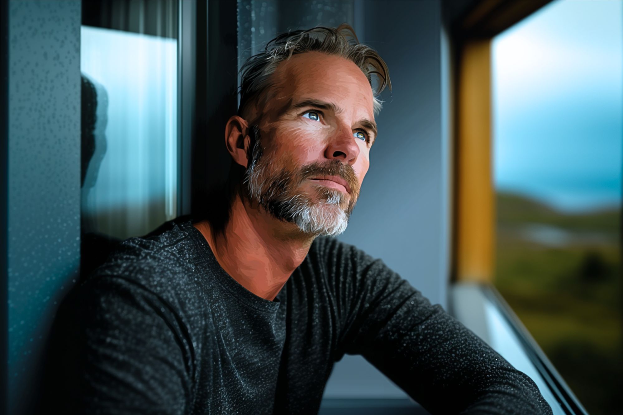 A middle-aged man with gray hair and a beard sits by a window, looking thoughtfully into the distance. He wears a dark sweater, and soft daylight illuminates his face, creating a calm and reflective mood.