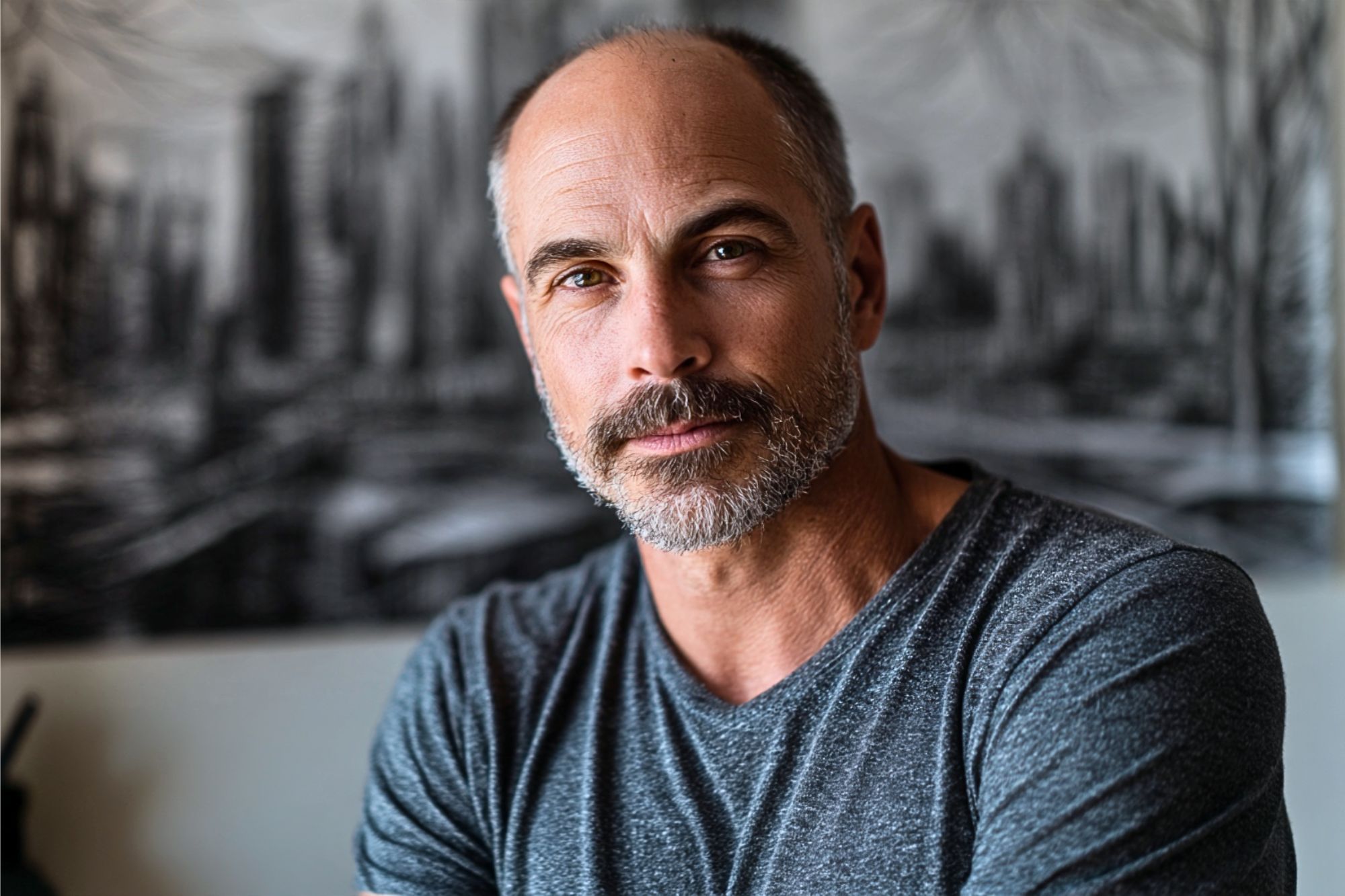 A middle-aged man with a beard and short hair wearing a gray shirt sits indoors, looking at the camera with a slight smile. A blurred black-and-white cityscape is in the background.