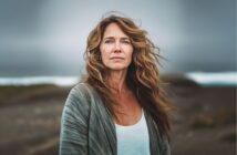 A woman with long wavy hair stands outdoors, wearing a gray cardigan over a white top. The background is blurred, showing a cloudy sky and what appears to be a beach or coastal landscape.