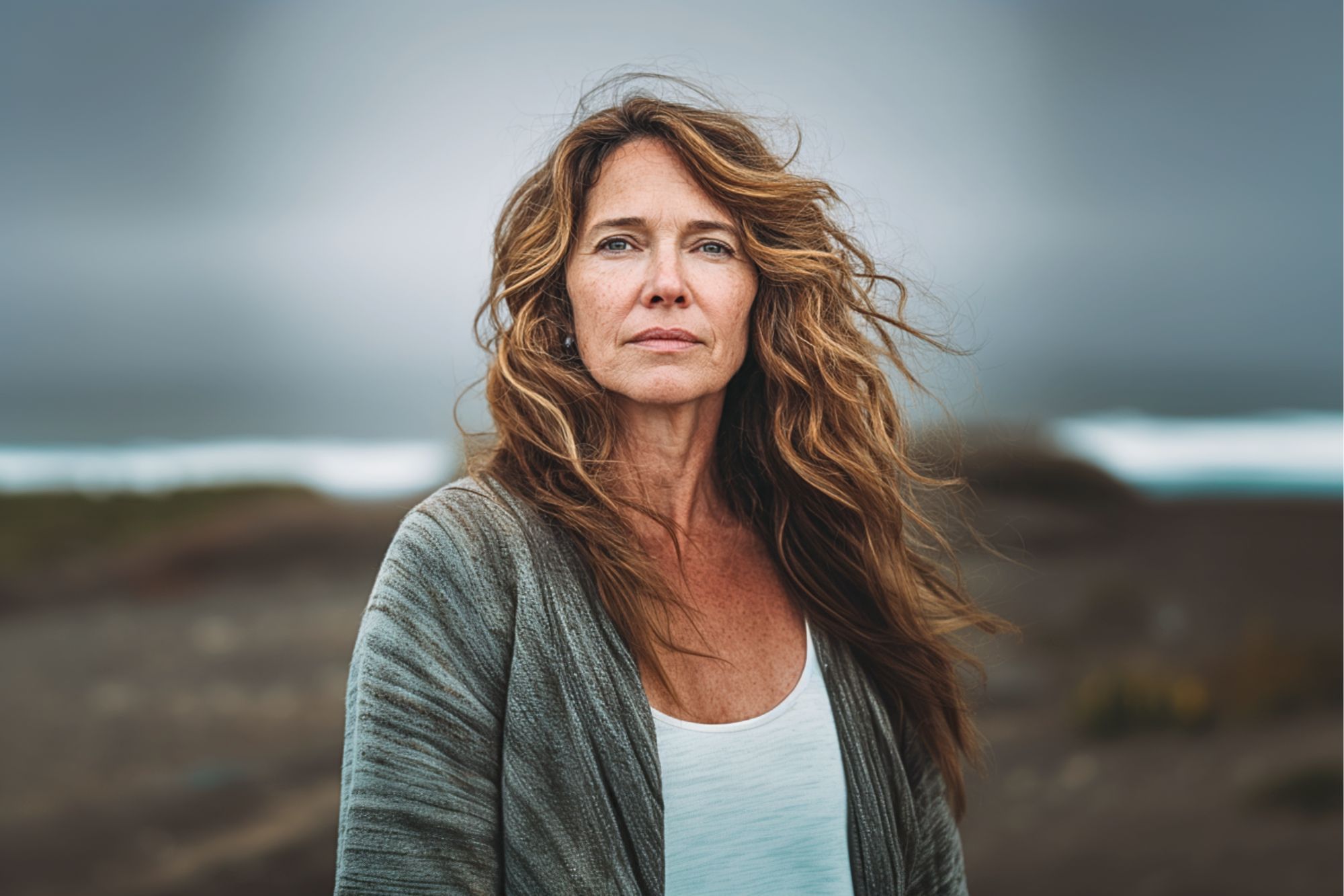 A woman with long wavy hair stands outdoors, wearing a gray cardigan over a white top. The background is blurred, showing a cloudy sky and what appears to be a beach or coastal landscape.