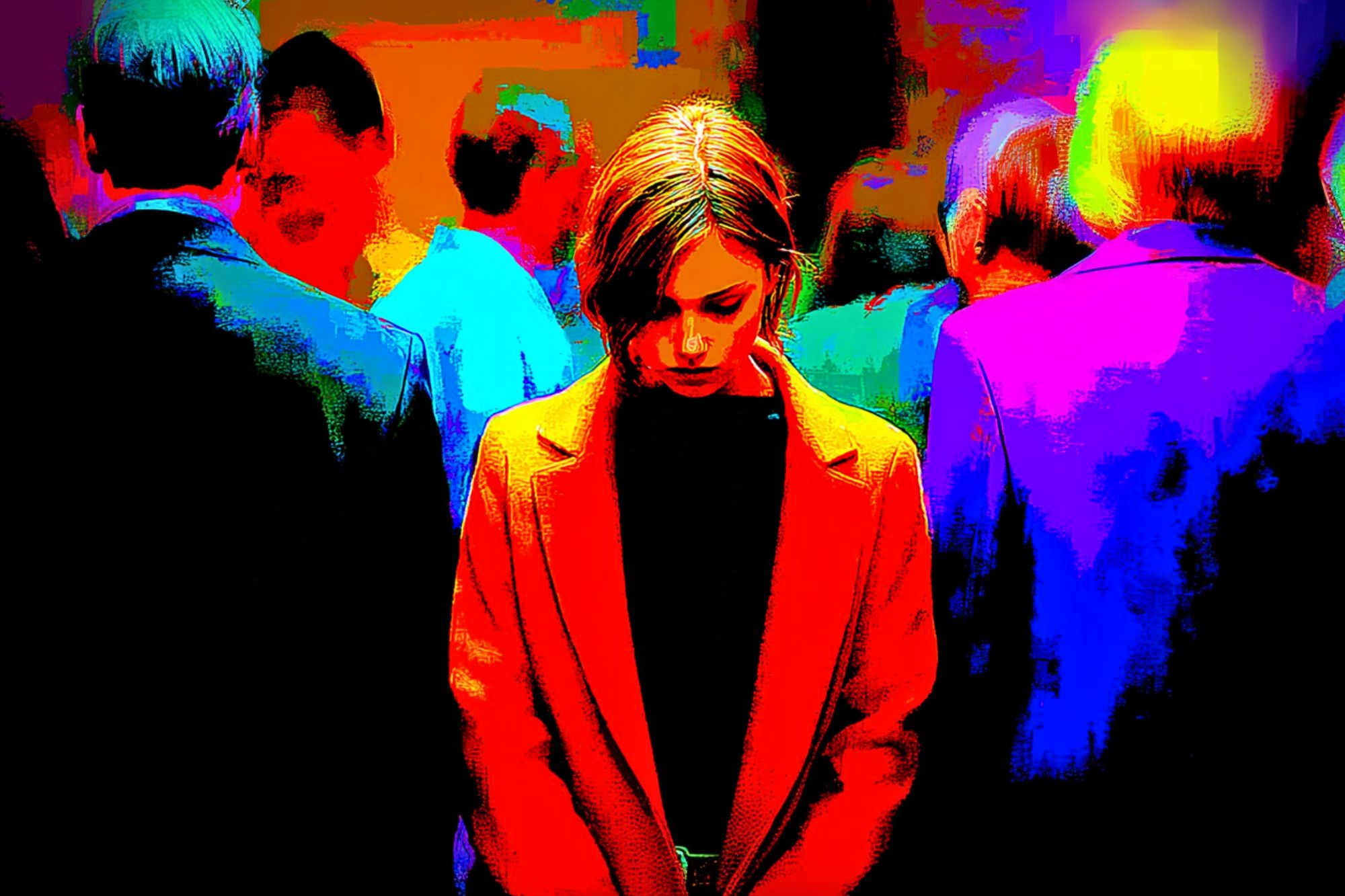 A woman in a red coat stands looking down, surrounded by a blurred crowd. The image is highly colorized with vivid reds, blues, and yellows, creating a dramatic, intense atmosphere.