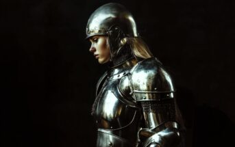 A person in shiny medieval armor and helmet stands in profile against a dark background, with long blond hair visible, looking downward in a contemplative pose.