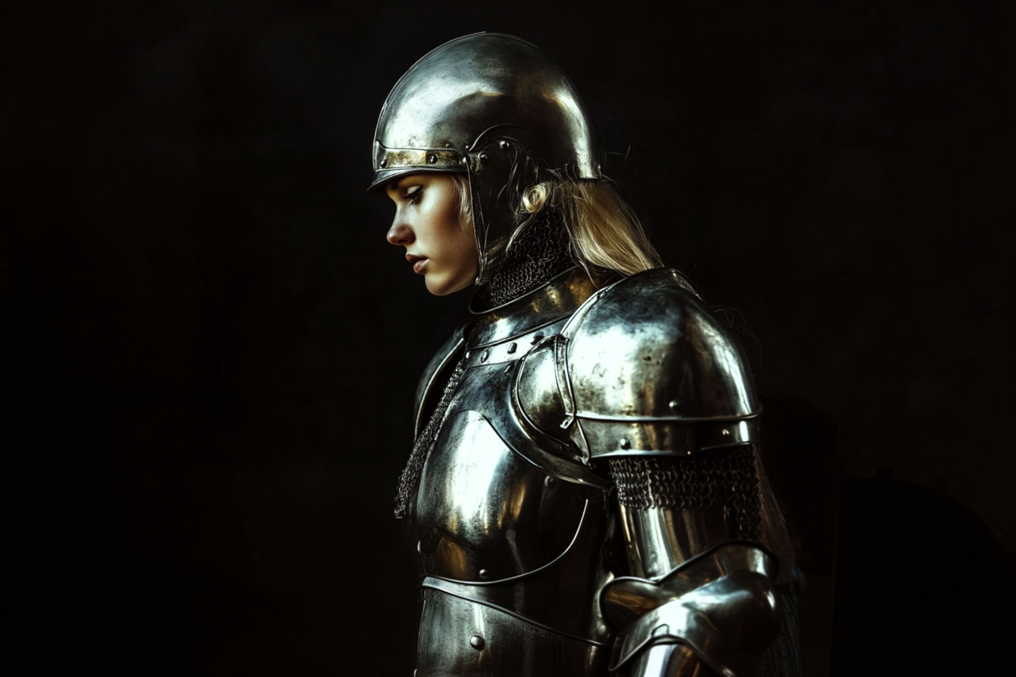 A person in shiny medieval armor and helmet stands in profile against a dark background, with long blond hair visible, looking downward in a contemplative pose.